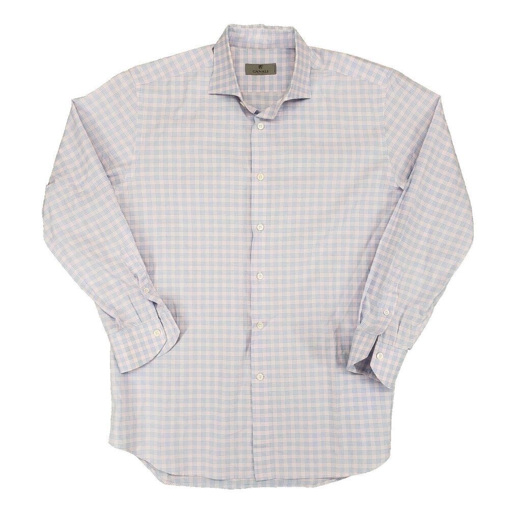 Canali Dress Shirt‎ Mens 41 16 Pink Blue Plaid Office Quiet Luxury Retro Classic